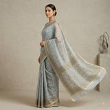 Classic Light Grey Kota Doria All-Over Floral Saree with Zari Border