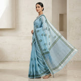 Serene Sky Blue Kota Doria Block-Printed Saree with Zari Border