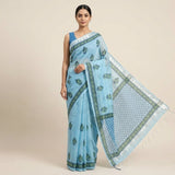 Serene Sky Blue Kota Doria Block-Printed Saree with Zari Border