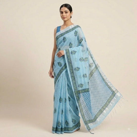 Serene Sky Blue Kota Doria Block-Printed Saree with Zari Border
