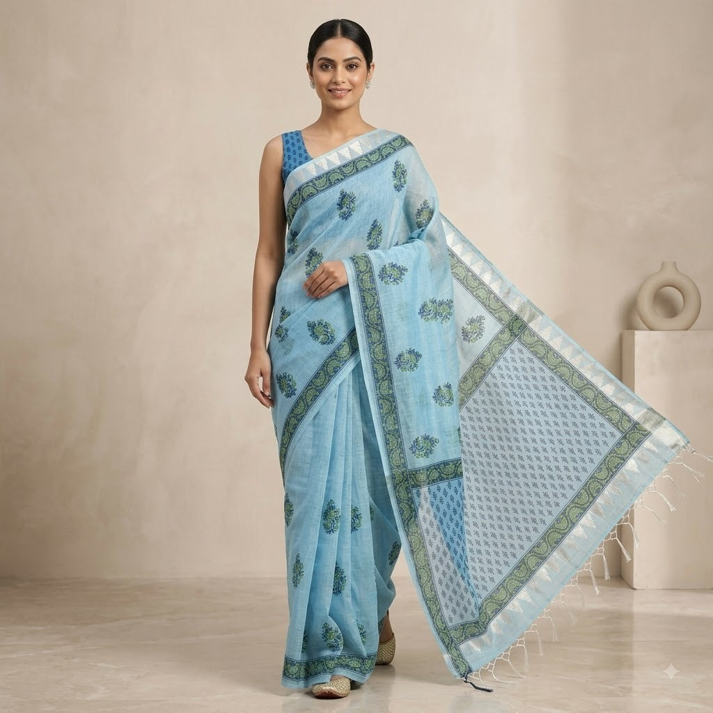 Serene Sky Blue Kota Doria Block-Printed Saree with Zari Border