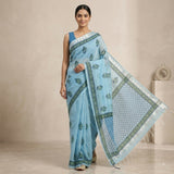 Serene Sky Blue Kota Doria Block-Printed Saree with Zari Border