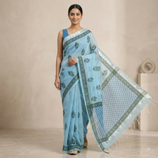 Serene Sky Blue Kota Doria Block-Printed Saree with Zari Border