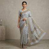 Sophisticated Grey Kota Doria Block-Printed Saree with Zari Border