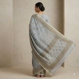 Sophisticated Grey Kota Doria Block-Printed Saree with Zari Border