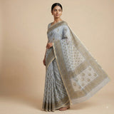 Sophisticated Grey Kota Doria Block-Printed Saree with Zari Border