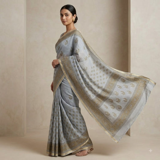 Sophisticated Grey Kota Doria Block-Printed Saree with Zari Border