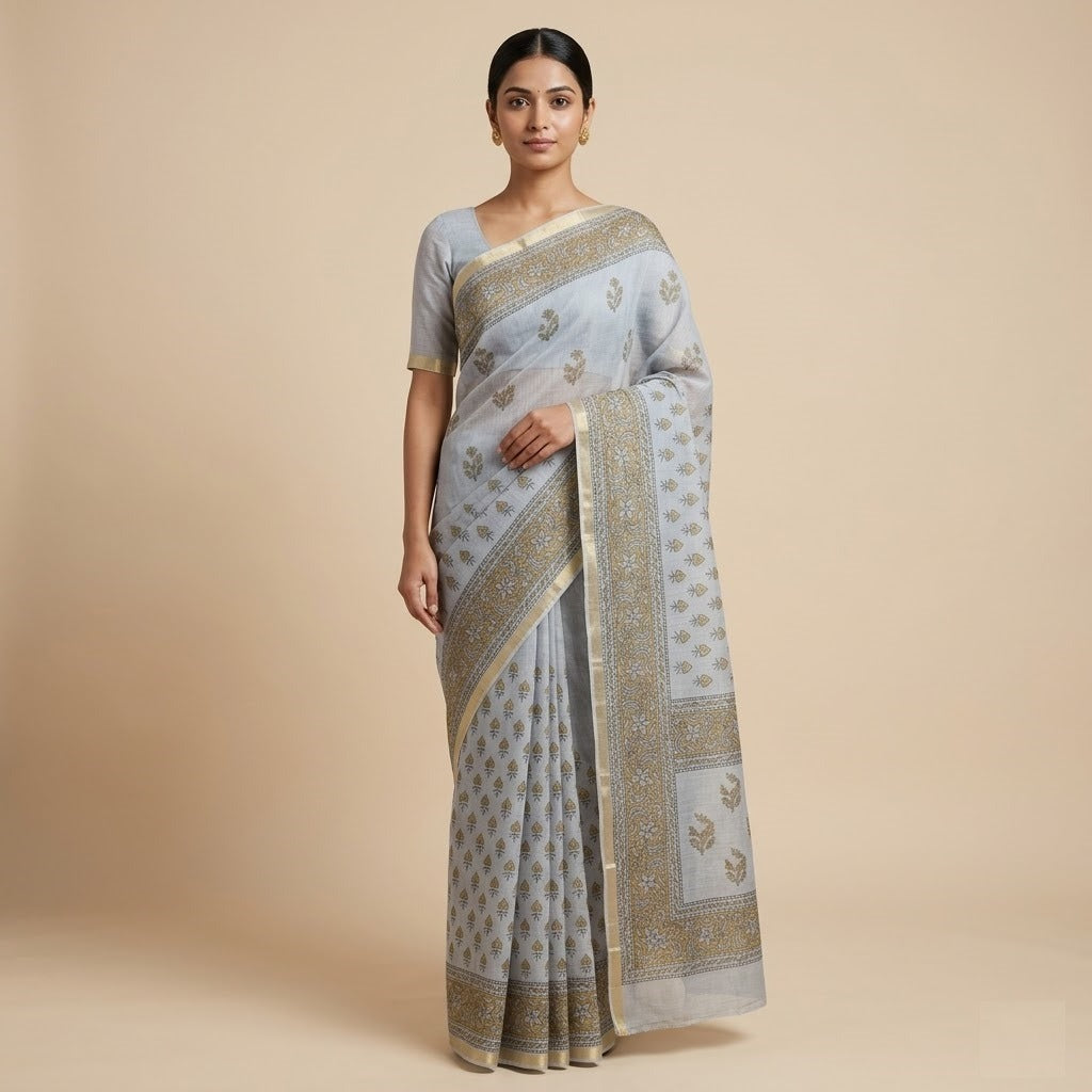 Sophisticated Grey Kota Doria Block-Printed Saree with Zari Border
