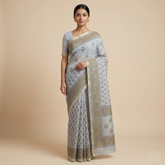 Sophisticated Grey Kota Doria Block-Printed Saree with Zari Border