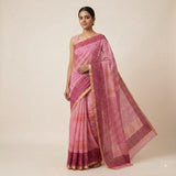 Vibrant Pink Handblock Printed Kota Doria Saree