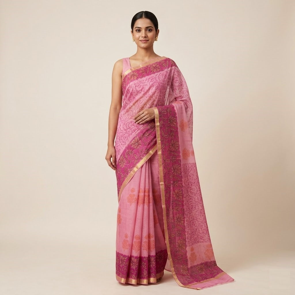 Vibrant Pink Handblock Printed Kota Doria Saree