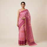 Vibrant Pink Handblock Printed Kota Doria Saree