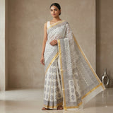 Handcrafted Off-White Kota Doria Block-Printed Saree