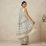 Handcrafted Off-White Kota Doria Block-Printed Saree
