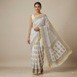 Handcrafted Off-White Kota Doria Block-Printed Saree