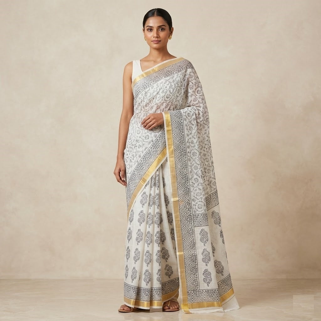 Handcrafted Off-White Kota Doria Block-Printed Saree