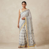 Handcrafted Off-White Kota Doria Block-Printed Saree