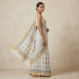 Handcrafted Off-White Kota Doria Block-Printed Saree