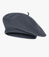 Dark grey beret hat with a small stem on top, viewed from various angles.