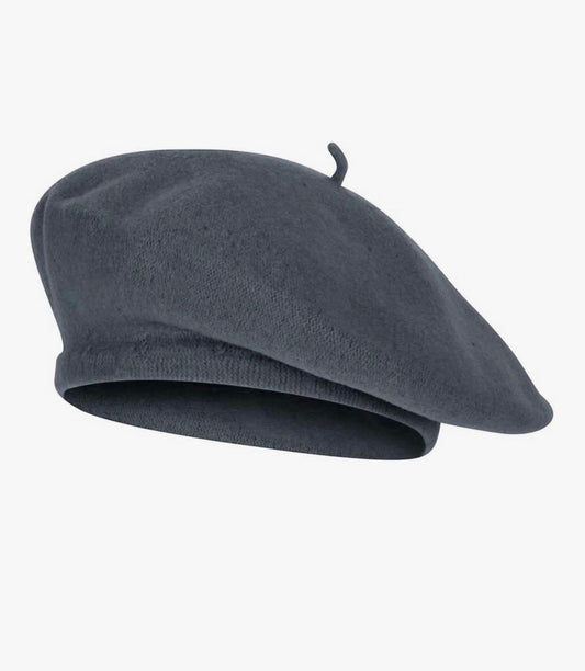 Dark grey beret hat with a small stem on top, viewed from various angles.