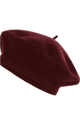 Burgundy beret hat with a small stem on top, shown from multiple angles.