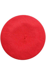Bright red beret hat with a small stem on top, shown from multiple angles