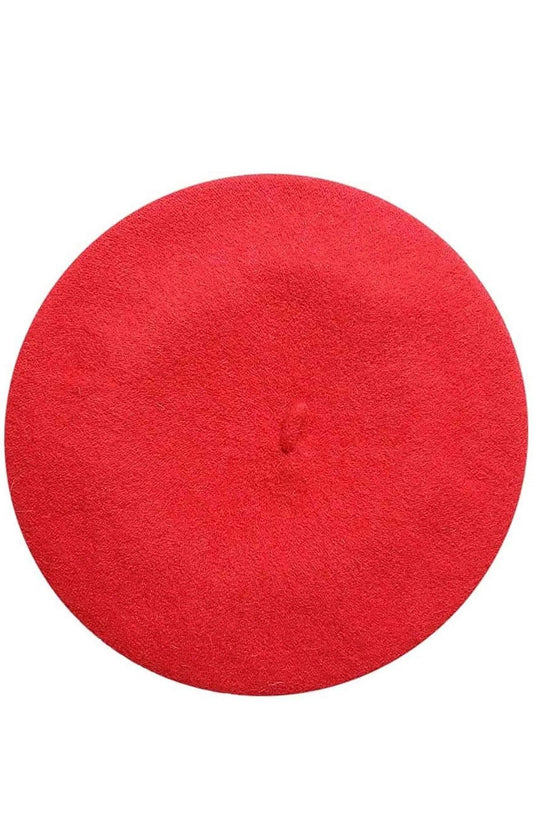 Bright red beret hat with a small stem on top, shown from multiple angles