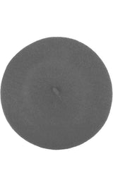 Dark grey beret hat with a small stem on top, viewed from various angles.