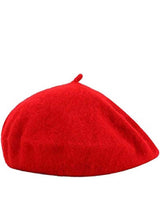 Bright red beret hat with a small stem on top, shown from multiple angles