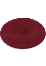 Burgundy beret hat with a small stem on top, shown from multiple angles.