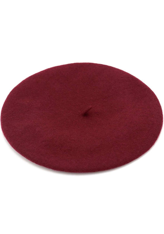 Burgundy beret hat with a small stem on top, shown from multiple angles.