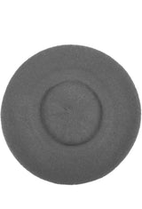 Grey beret hat with a small stem on top, shown from multiple angles