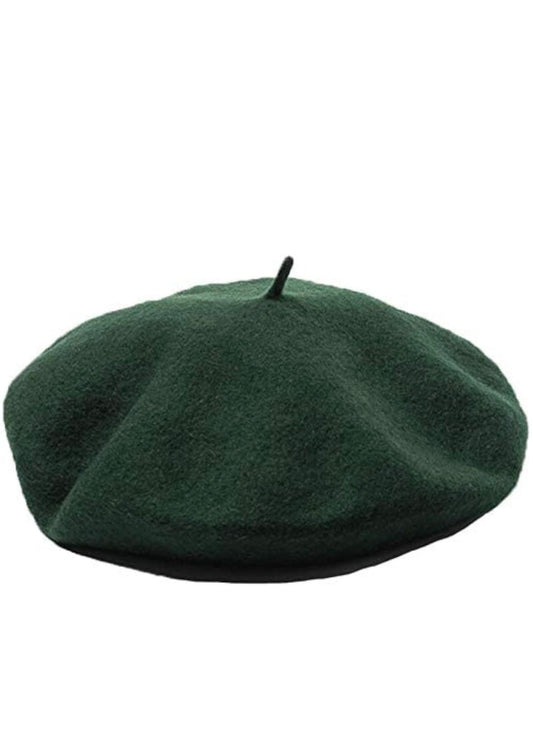 Dark green felt beret with a small stem on top, viewed from multiple angles on a white background.