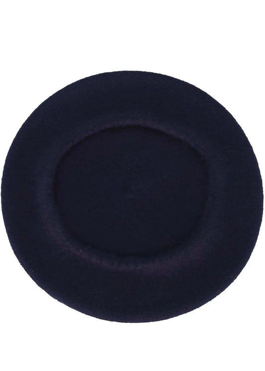 Close-up of a dark navy blue beret with a small stem on top, viewed from various angles.