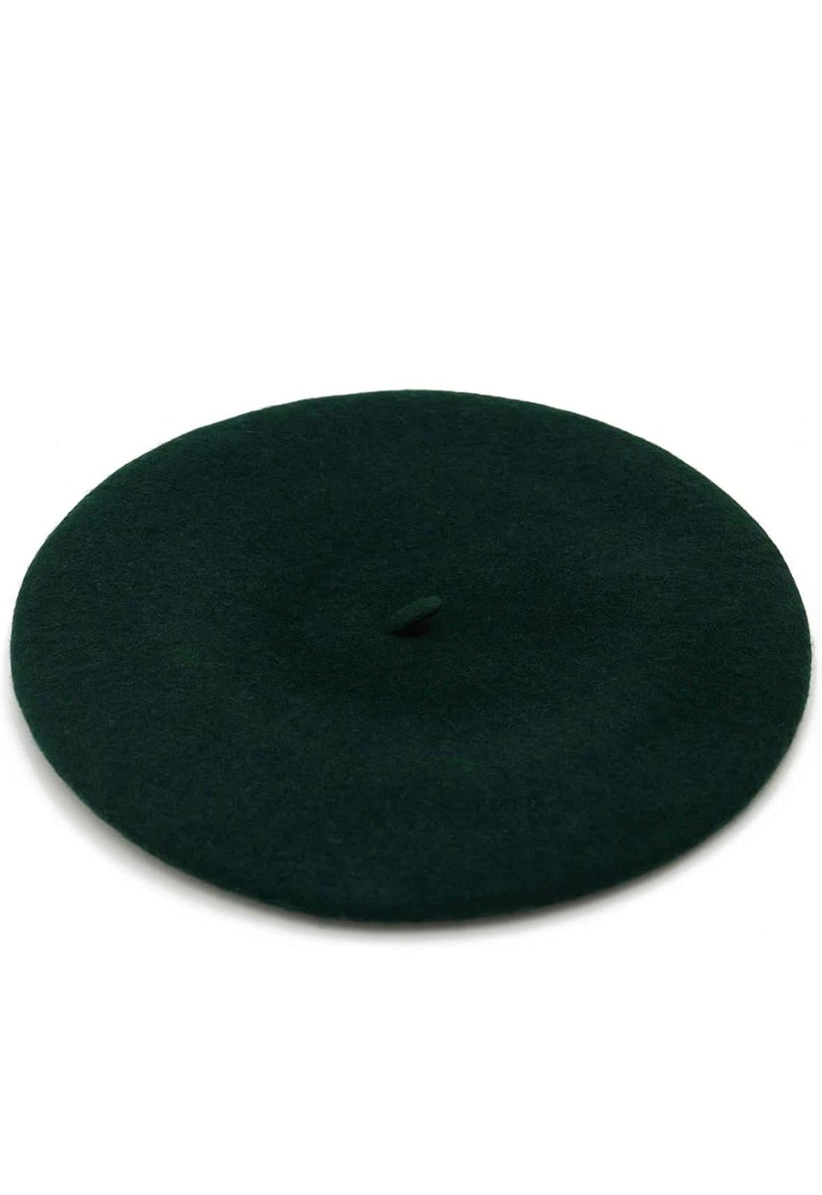 Dark green beret hat, viewed from top and side angles