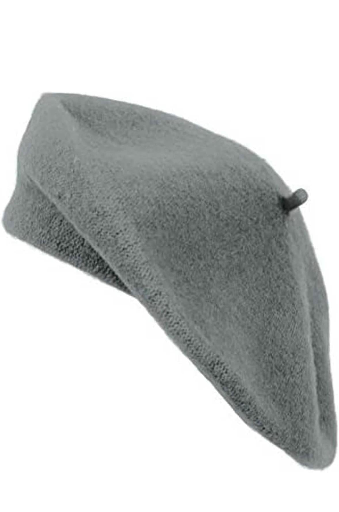 Grey beret hat with a small stem on top, shown from multiple angles