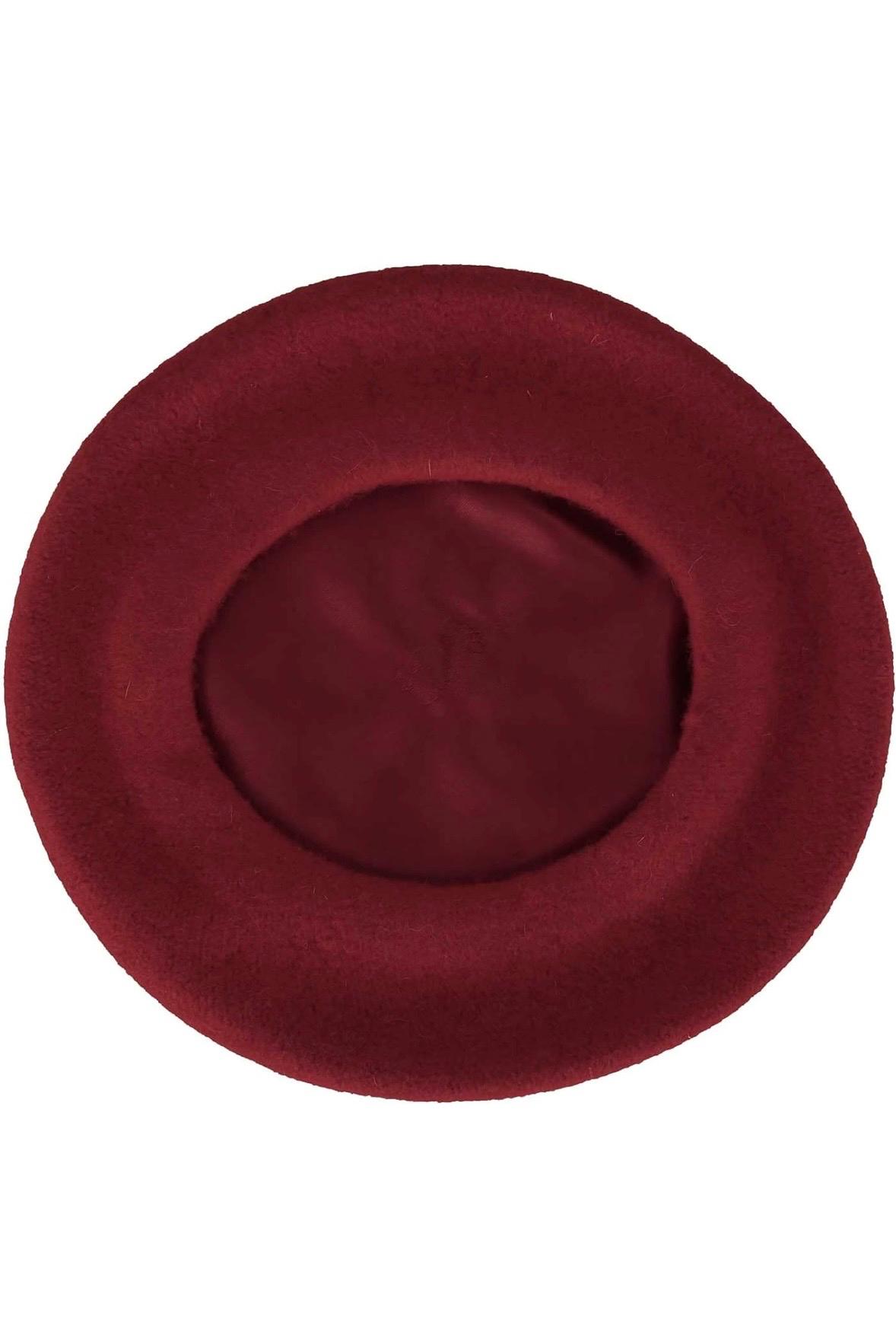 Burgundy beret hat with a small stem on top, shown from multiple angles.