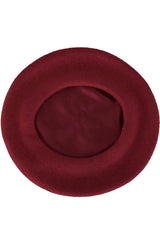 Burgundy beret hat with a small stem on top, shown from multiple angles.