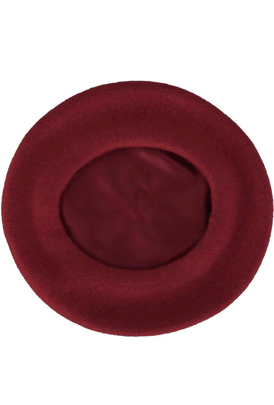 Burgundy beret hat with a small stem on top, shown from multiple angles.