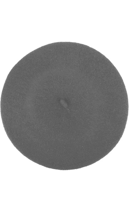 Grey beret hat with a small stem on top, shown from multiple angles