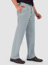 Men's sage green pleated trousers with button and pocket detail